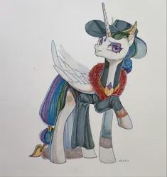 Size: 3142x3338 | Tagged: safe, artist:湮浊湮于浊, derpibooru import, idw, princess celestia, alicorn, pony, reflections, spoiler:comic, clothes, female, hat, image, jpeg, looking at you, mare, marker, solo, traditional art