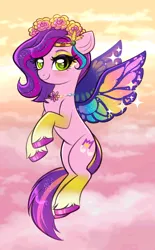 Size: 2275x3660 | Tagged: safe, artist:confetticakez, derpibooru import, pipp petals, pegasus, pony, g5, butterfly wings, female, floral head wreath, flower, image, jpeg, looking at you, mare, smiling, smiling at you, solo, toy interpretation, wings