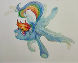 Size: 4055x3260 | Tagged: safe, artist:湮浊湮于浊, derpibooru import, rainbow dash, pegasus, pony, flying, grin, image, jpeg, looking at you, marker, smiling, solo, spread wings, traditional art, wings