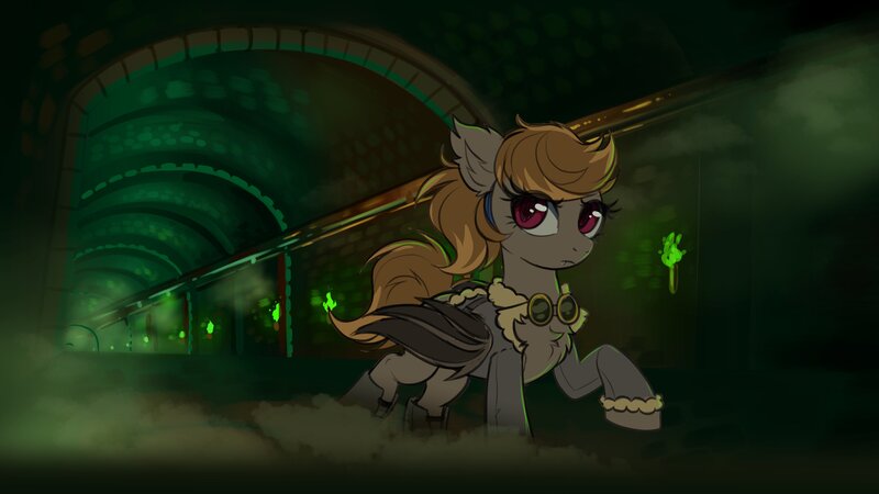 Size: 3840x2160 | Tagged: safe, artist:confetticakez, derpibooru import, oc, unofficial characters only, bat pony, pony, bat pony oc, bat wings, bomber jacket, chest fluff, clothes, commission, female, goggles, image, jacket, jpeg, mare, sewer, solo, wings