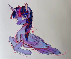 Size: 3928x3235 | Tagged: safe, artist:湮浊湮于浊, derpibooru import, twilight sparkle, alicorn, pony, colored, female, image, jpeg, looking at you, mare, marker, smiling, solo, traditional art, wings