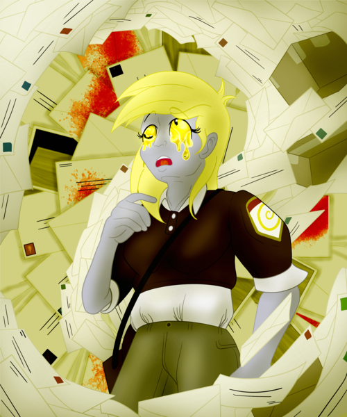 Size: 2500x3000 | Tagged: semi-grimdark, artist:sixes&sevens, derpibooru import, derpy hooves, ditzy doo, fanfic:the sunset archives, equestria girls, blood, box, envelope, fanfic art, female, glow, glowing eyes, image, open mouth, png, solo, surprised