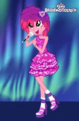 Size: 3250x4994 | Tagged: safe, artist:kylexisliner, derpibooru import, equestria girls, g5, my little pony: make your mark, spoiler:bridlewoodstock, spoiler:my little pony: make your mark chapter 4, spoiler:myms04e01, bracelet, choker, clothes, dress, equestria girls-ified, female, flower, flower in hair, high heels, image, jewelry, microphone, my little pony: make your mark chapter 4, open mouth, png, ruby jubilee, shoes, socks, solo