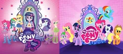 Size: 2121x931 | Tagged: safe, derpibooru import, screencap, applejack, fluttershy, pinkie pie, rainbow dash, rarity, sci-twi, spike, sunset shimmer, twilight sparkle, twilight sparkle (alicorn), alicorn, dog, dragon, earth pony, human, pegasus, pony, unicorn, equestria girls, equestria girls (movie), comparison, crown, element of magic, equestria girls 10th anniversary, equestria girls logo, humane five, humane six, image, jewelry, logo, mane seven, mane six, mirror, mirror portal, my little pony logo, png, regalia, side by side, spike the dog, tiara