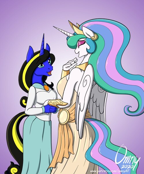 Size: 1000x1203 | Tagged: safe, artist:omny87, derpibooru import, princess celestia, oc, oc:destiny light, alicorn, anthro, pony, unicorn, anthro oc, commission, duo, duo female, female, horn, image, jpeg, mare, pony oc, unicorn oc