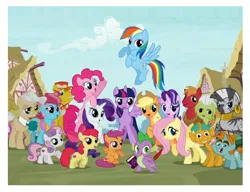 Size: 888x682 | Tagged: safe, derpibooru import, screencap, apple bloom, applejack, big macintosh, carrot cake, cup cake, fluttershy, granny smith, mayor mare, pinkie pie, rainbow dash, rarity, scootaloo, snails, snips, spike, starlight glimmer, sweetie belle, twilight sparkle, twilight sparkle (alicorn), zecora, alicorn, dragon, earth pony, pegasus, pony, unicorn, zebra, season 7, cropped, cutie mark crusaders, female, group photo, group picture, image, intro, male, mane seven, mane six, opening theme, photo, png