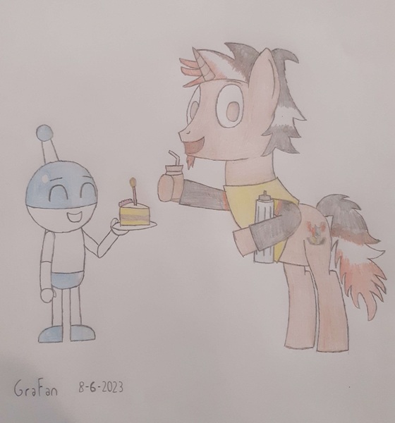 Size: 2592x2779 | Tagged: safe, artist:gradiusfanatic, derpibooru import, oc, oc:bx-8, oc:paul, unofficial characters only, robot, unicorn, horn, image, jpeg, male, mate, robot oc, traditional art, unicorn oc