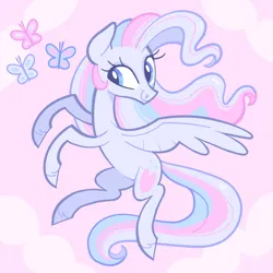 Size: 5000x5000 | Tagged: safe, artist:pilesofmiles, derpibooru import, star catcher, butterfly, insect, pegasus, pony, g3, cloud, flowing mane, flying, g3 to g4, g4, gen3, generation leap, image, multicolored hair, multicolored mane, multicolored tail, pink background, png, show accurate, simple background, solo, tail