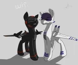 Size: 3000x2500 | Tagged: safe, artist:keeponhatin, oc, oc:cloudwalker, oc:val, unofficial characters only, original species, plane pony, pony, duo, female, gray background, image, mare, one eye closed, open mouth, plane, png, simple background, smiling, sr-71 blackbird, wink, xb-70 valkyrie
