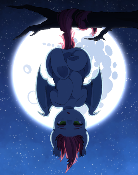 Size: 1582x2017 | Tagged: safe, artist:adostume, derpibooru import, oc, unofficial characters only, bat pony, pony, bat pony oc, bat wings, female, hanging, hanging upside down, image, lidded eyes, looking at you, moon, night, night sky, not zipp storm, open mouth, png, prehensile tail, sky, solo, stars, tail, tree branch, upside down, wings