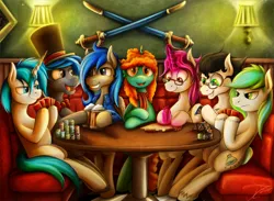 Size: 1500x1098 | Tagged: safe, artist:jamescorck, derpibooru import, oc, unofficial characters only, earth pony, pegasus, pony, unicorn, beer mug, female, image, magic, male, mare, png, poker chips, stallion