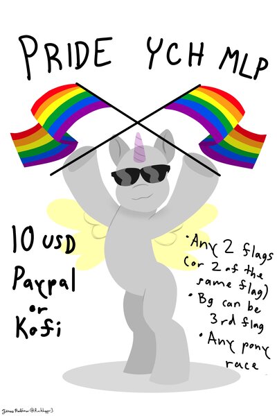 Size: 2400x3600 | Tagged: safe, artist:rockhoppr3, derpibooru import, pony, bipedal, commission, flag, image, jpeg, pride, pride flag, simple background, solo, spread wings, sunglasses, white background, wings, your character here