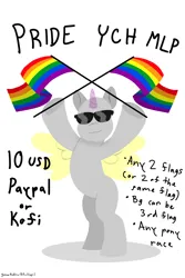 Size: 2400x3600 | Tagged: safe, artist:rockhoppr3, derpibooru import, pony, bipedal, commission, flag, image, jpeg, pride, pride flag, simple background, solo, spread wings, sunglasses, white background, wings, your character here