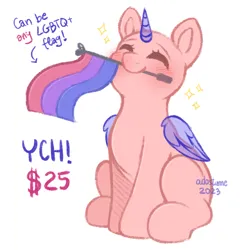 Size: 2003x2048 | Tagged: safe, artist:adostume, derpibooru import, bisexual, bisexual pride flag, commission, eyes closed, flag, image, mouth hold, png, pride, pride flag, pride month, pride ponies, simple background, sitting, smiling, solo, white background, ych sketch, your character here