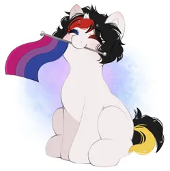 Size: 2042x2048 | Tagged: safe, artist:adostume, derpibooru import, oc, unofficial characters only, pony, unicorn, bisexual, bisexual pride flag, broken horn, eyes closed, female, horn, image, png, pride, pride flag, pride month, short mane, simple background, sitting, smiling, solo, solo female