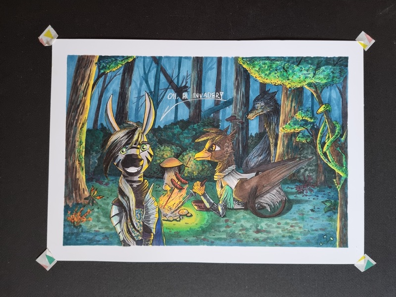 Size: 4032x3024 | Tagged: safe, artist:cahandariella, derpibooru import, oc, gryphon, lizard, pony, wolf, zebra, armor, background, bonfire, dark souls, female, fire, forest, image, inktober, jpeg, looking at you, mare, marker drawing, mushroom, traditional art, tree