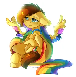 Size: 2060x2080 | Tagged: safe, artist:yuris, derpibooru import, oc, oc:yuris, unofficial characters only, pegasus, pony, alternate character, commission, flag, floppy ears, image, lgbt, omnisexual, png, pride, pride flag, pride month, simple background, sitting, smiling, solo, spread wings, ukraine, white background, wings, ych result