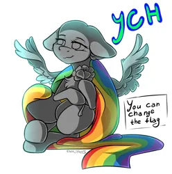 Size: 2060x2080 | Tagged: safe, artist:yuris, derpibooru import, oc, oc:yuris, unofficial characters only, pegasus, pony, advertisement, auction, auction open, commission, flag, floppy ears, image, lgbt, png, pride, pride flag, pride month, simple background, sitting, smiling, solo, spread wings, white background, wings, ych sketch, your character here