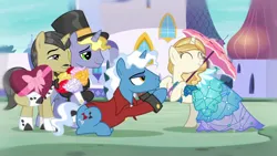 Size: 1920x1080 | Tagged: safe, derpibooru import, screencap, perry pierce, ponet, pristine, sweet biscuit, pony, unicorn, season 5, 1080p, ^^, carousel boutique, clothes, cute, dress, eyes closed, female, happy, hoof kissing, image, male, mare, png, princess dress, smiling, stallion, umbrella
