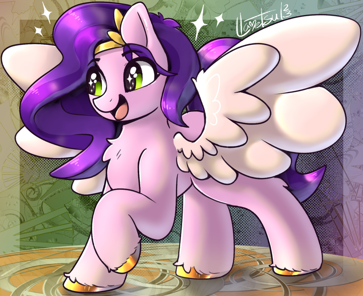 Size: 1085x886 | Tagged: safe, artist:llametsul, derpibooru import, pipp petals, pegasus, pony, g5, adorapipp, atg 2023, colored, cute, female, happy, image, jewelry, mare, newbie artist training grounds, open mouth, open smile, png, raised hoof, smiling, solo, spread wings, tiara, unshorn fetlocks, wings