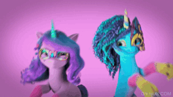 Size: 520x293 | Tagged: safe, derpibooru import, screencap, izzy moonbow, pony, unicorn, g5, my little pony: make your mark, spoiler:my little pony: make your mark chapter 4, spoiler:myms04e05, animated, dancing, duo, duo female, female, gif, image, makeup, mare, mask, misty brightdawn, my little pony: make your mark chapter 4, simple background, the manesquerade ball, unshorn fetlocks
