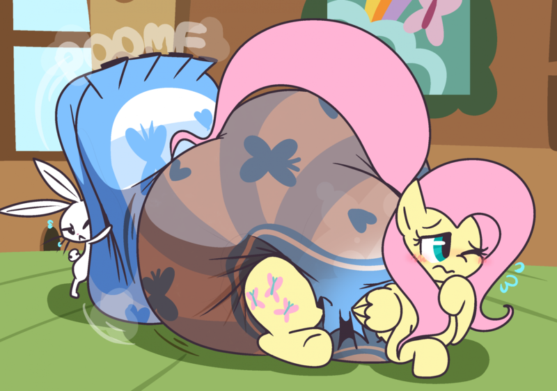 Size: 2291x1609 | Tagged: safe, artist:shslsadcat, derpibooru import, angel bunny, fluttershy, pegasus, pony, blushing, diaper, diaper fetish, fetish, image, messy diaper, png