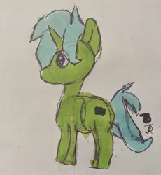 Size: 1577x1713 | Tagged: safe, artist:joeydr, derpibooru import, oc, oc:green byte, pony, unicorn, image, jpeg, male, newbie artist training grounds, stallion, traditional art