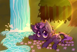 Size: 4000x2701 | Tagged: safe, artist:mrrgn, derpibooru import, oc, oc:shadow galaxy, unofficial characters only, pegasus, pony, commission, cute, ethereal mane, flower, forest, forest background, grass, hooves, image, looking at you, lying down, lying on the ground, pegasus oc, png, river, smiling, smol, solo, starry mane, starry tail, tail, tree, unshorn fetlocks, water, waterfall, wings, ych result