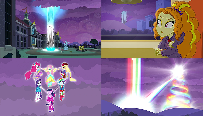 Size: 1370x783 | Tagged: safe, derpibooru import, screencap, adagio dazzle, applejack, fluttershy, pinkie pie, rainbow dash, rarity, sci-twi, snails, snips, sunset shimmer, twilight sparkle, human, equestria girls, equestria girls (movie), rainbow rocks, canterlot high, comparison, equestria girls 10th anniversary, humane five, humane six, image, magic of friendship, night, png, portal, side by side, statue, wondercolt statue