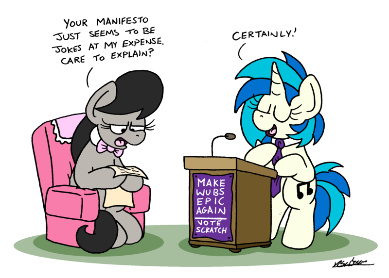 Size: 2400x1719 | Tagged: safe, artist:bobthedalek, derpibooru import, octavia melody, vinyl scratch, earth pony, pony, unicorn, atg 2023, bipedal, bipedal leaning, chair, duo, female, hoof hold, image, leaning, mare, necktie, newbie artist training grounds, octavia is not amused, png, podium, simple background, unamused, white background