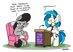 Size: 2400x1719 | Tagged: safe, artist:bobthedalek, derpibooru import, octavia melody, vinyl scratch, earth pony, pony, unicorn, atg 2023, bipedal, bipedal leaning, chair, duo, female, hoof hold, image, leaning, mare, necktie, newbie artist training grounds, octavia is not amused, png, podium, simple background, unamused, white background
