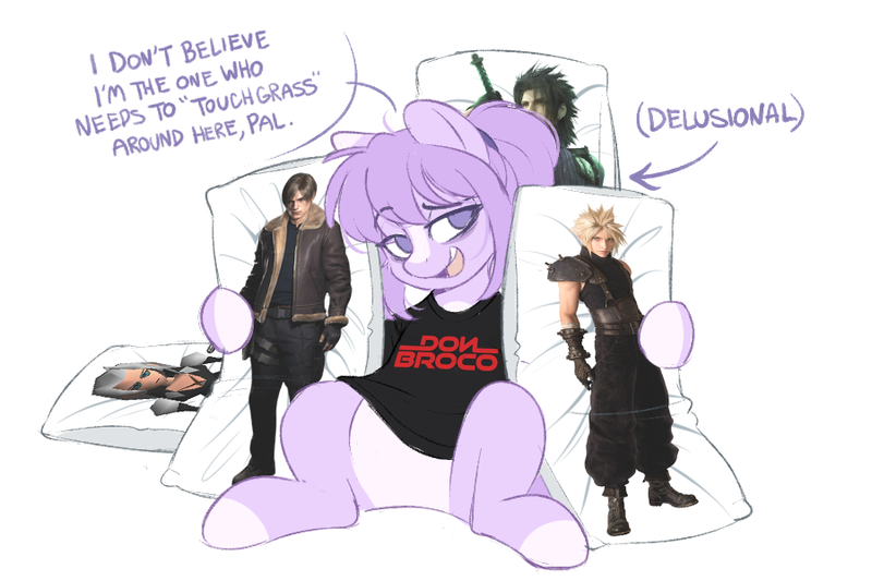 Size: 900x600 | Tagged: safe, artist:higgly-chan, derpibooru import, oc, oc:mio, unofficial characters only, earth pony, pony, body pillow, cloud strife, final fantasy, final fantasy vii, image, leon s. kennedy, png, sephiroth, solo
