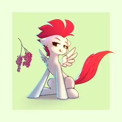 Size: 3000x3000 | Tagged: safe, artist:o0o-bittersweet-o0o, derpibooru import, oc, oc:bittersweet, pegasus, pony, chest fluff, colored, digital art, doodle, ear fluff, female, floppy ears, food, grapes, image, licking, licking lips, looking at something, png, simple background, sitting, solo, spread wings, tongue out, wings