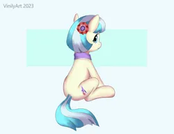 Size: 1280x983 | Tagged: safe, artist:vinilyart, derpibooru import, coco pommel, earth pony, pony, blue background, cocobetes, cute, female, image, jpeg, looking at you, looking back, looking back at you, mare, simple background, sitting, solo, white background