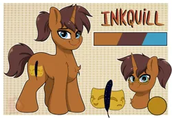 Size: 3040x2097 | Tagged: safe, artist:joaothejohn, derpibooru import, oc, oc:inkquill, pony, unicorn, goggles, horn, image, looking at you, male, png, ponytail, reference sheet, simple background, solo, stallion, text, unicorn oc