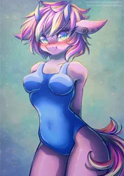 Size: 3508x4961 | Tagged: suggestive, artist:chaosangeldesu, derpibooru import, oc, oc:purple mayflower, anthro, blue swimsuit, blushing, clothes, commission, cute, horn, horns, image, jpeg, legs together, looking at you, simple background, smiling, smiling at you, solo, swimsuit, ych result