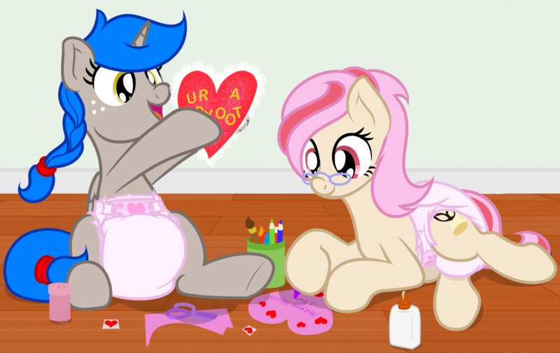 Size: 1900x1200 | Tagged: safe, alternate version, artist:nitei, derpibooru import, oc, oc:sprite, oc:understudy, unofficial characters only, alicorn, earth pony, pony, alicorn oc, blue mane, cute, diaper, diaper fetish, duo, earth pony oc, fetish, freckles, glasses, heart, hearts and hooves day, hooves, horn, image, open mouth, open smile, png, show accurate, smiling, two toned mane, valentine's day card, wings