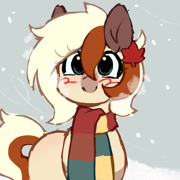 Size: 3000x3000 | Tagged: safe, derpibooru import, oc, oc:maple cookie, earth pony, pony, blushing, clothes, cute, female, hairclip, image, leaf, looking at you, mare, markings, png, scarf, simple background, snow, snowfall