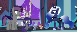 Size: 5117x2153 | Tagged: safe, artist:pastelnightyt, derpibooru import, princess luna, oc, oc:cloudy night (pastelnightyt), oc:joyful night, oc:moonlight lullaby, oc:night shield, bat pony, pony, alternate hair color, alternate hairstyle, baby, baby pony, canterlot, colored, concave belly, crown, curtains, ethereal mane, ethereal tail, group, height difference, hoof shoes, image, indoors, jewelry, lightly watermarked, looking at each other, looking at someone, male, night, peytral, physique difference, png, princess shoes, purple sky, quintet, raised hoof, regalia, sitting, slim, stallion, standing, starry mane, starry sky, starry tail, tail, thin, watermark