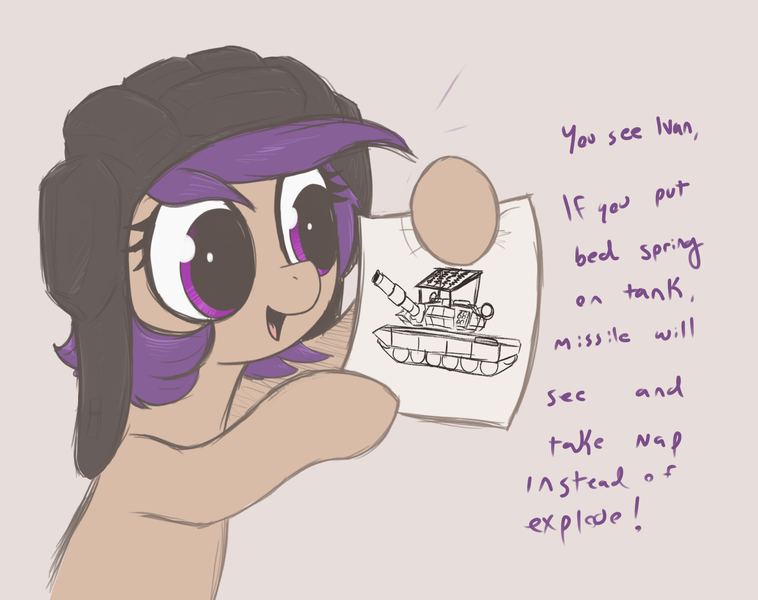 Size: 2400x1900 | Tagged: safe, artist:t72b, derpibooru import, oc, oc:tenk pone, earth pony, pony, armor, female, hat, helmet, hoof hold, image, looking at something, mare, meme, paper, png, talking to viewer, tank (vehicle), you see ivan