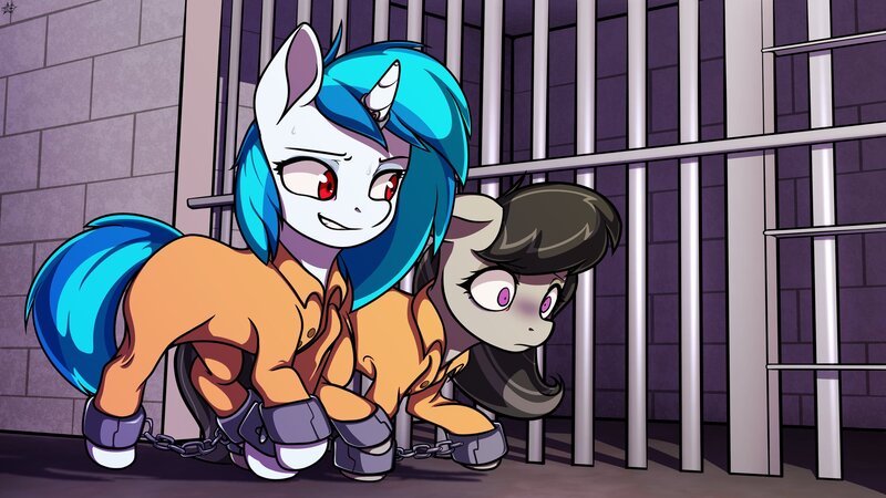 Size: 2048x1152 | Tagged: safe, artist:alexsc112, derpibooru import, octavia melody, vinyl scratch, clothes, commissioner:rainbowdash69, cuffed, cuffs, flustered, image, jail, jpeg, magic suppression, never doubt rainbowdash69's involvement, prison, prison outfit, prisoner, shackles, smiling, smirk