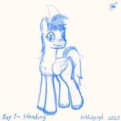 Size: 1000x1000 | Tagged: safe, artist:hiddelgreyk, derpibooru import, oc, unofficial characters only, pegasus, pony, image, looking at you, male, monochrome, newbie artist training grounds, pegasus oc, png, simple background, sketch, smiling, smiling at you, solo, stallion, standing, wings