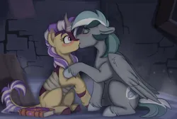 Size: 2500x1675 | Tagged: safe, artist:rutkotka, derpibooru import, oc, oc:iron feather, oc:lotus cinder, unofficial characters only, kirin, pegasus, pony, fanfic:words of power, blushing, fanfic art, female, image, kirin oc, kissing, male, mare, oc x oc, pegasus oc, png, shipping, stallion, wings