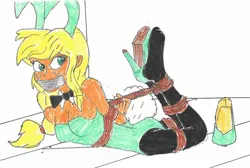 Size: 1280x858 | Tagged: safe, artist:godzilla713, derpibooru import, applejack, rabbit, equestria girls, angry, animal, bunny ears, clothes, gag, high heels, image, jpeg, shoes, tape, tape gag