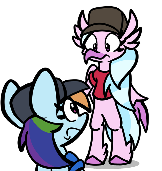 Size: 1320x1396 | Tagged: safe, artist:derp pone, derpibooru import, rainbow dash, silverstream, hippogriff, pegasus, atg 2023, bipedal, clothes, criatures fortress 2, duo, image, newbie artist training grounds, png, simple background, team fortress 2, white background