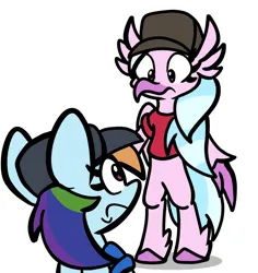 Size: 1320x1396 | Tagged: safe, artist:derp pone, derpibooru import, rainbow dash, silverstream, hippogriff, pegasus, atg 2023, bipedal, clothes, criatures fortress 2, duo, image, newbie artist training grounds, png, simple background, team fortress 2, white background