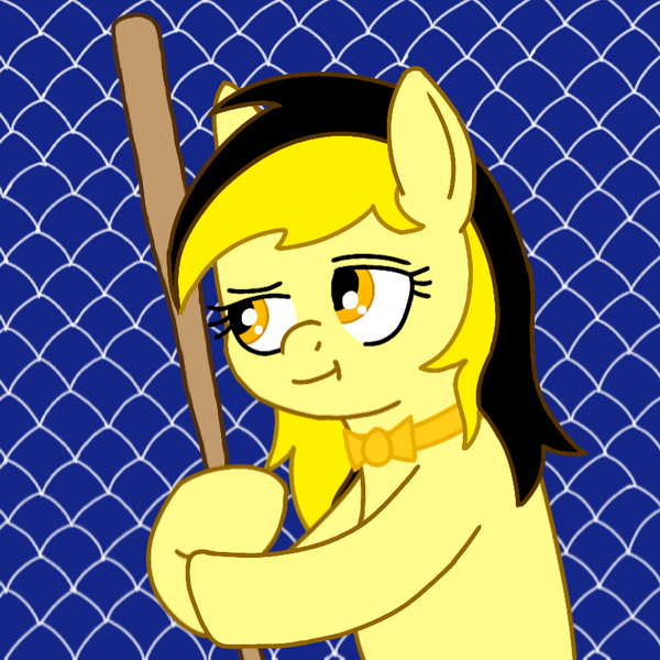 Size: 800x800 | Tagged: safe, artist:anonymous, ponerpics import, oc, oc:leslie fair, unofficial characters only, earth pony, pony, /mlpol/, baseball bat, bowtie, costanza face, costanza.jpg, female, george costanza, image, ishygddt, meme, png, reaction image, seinfeld, smiling, smirk, solo