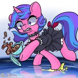 Size: 2000x2000 | Tagged: safe, artist:swishyfishy4308, derpibooru import, oc, oc:cuddlebug, unofficial characters only, pony, unicorn, equestria daily, clothes, clumsy, female, image, maid, mare, newbie artist training grounds, png, reflection, solo