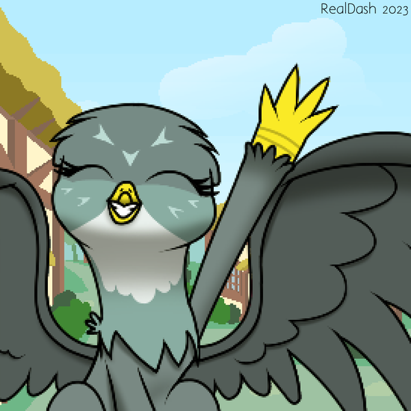 Size: 825x825 | Tagged: safe, artist:realdash, derpibooru import, part of a set, gabby, gryphon, cute, eyes closed, female, gabbybetes, image, pixel art, png, ponyville, sitting, smiling, solo, spread wings, waving, waving at you, wings