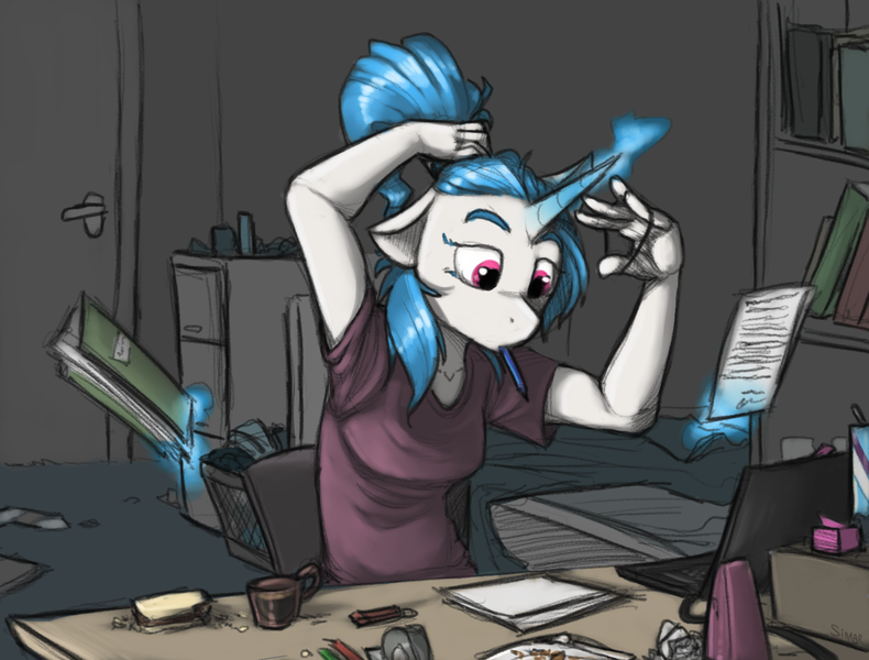 Size: 1583x1202 | Tagged: safe, artist:sinrar, derpibooru import, vinyl scratch, anthro, unicorn, computer, image, laptop computer, magic, pencil, png, solo, telekinesis